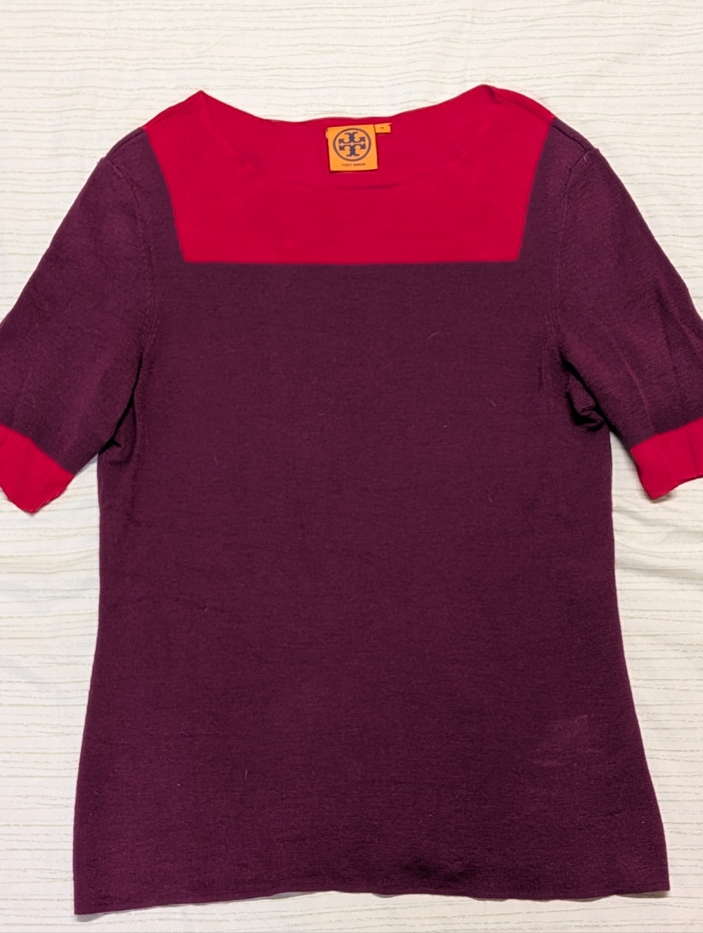 Tory Burch Short Sleeve Sweater, Maroon and Pink, Size Medium